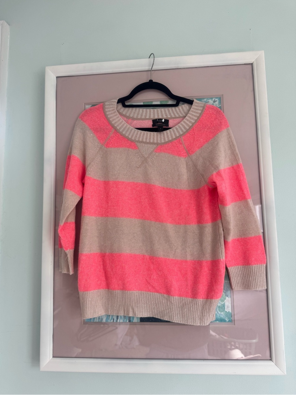 J. Crew Neon Pink and Beige Striped Crewneck Sweater